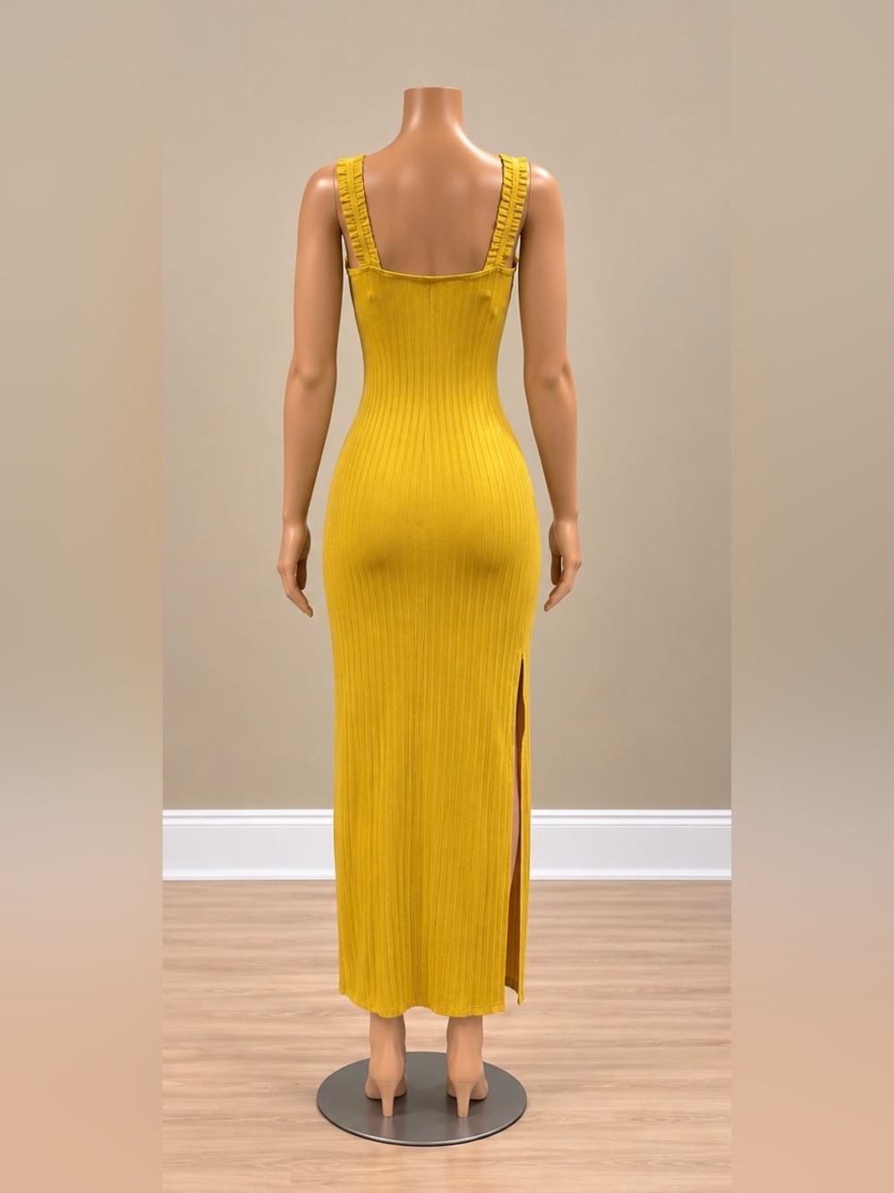 Mustard Yellow Ribbed Ruffle Strap Side Slit Bodycon Maxi Dress - Picture 2 of 2